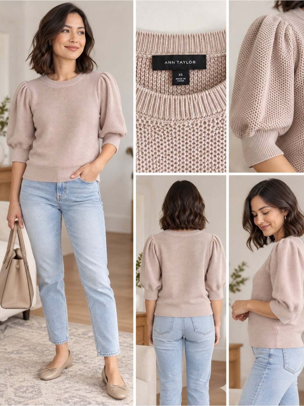 Ann Taylor Puff Sleeve Textured Knit Sweater XS Blush Beige Feminine